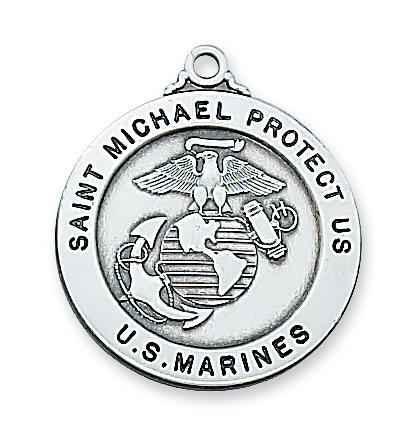Sterling Silver Saint St Michael & US Marines Medal 7/8" with 24"chain and box