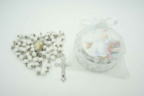 Baptism White Rosary with Organza Bag