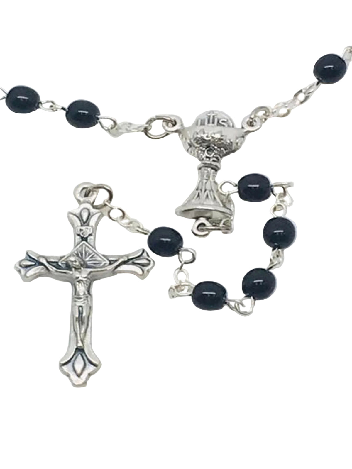 First Communion Black Glass Bead Rosary with Chalice Center Piece (5MM) - Unique Catholic Gifts